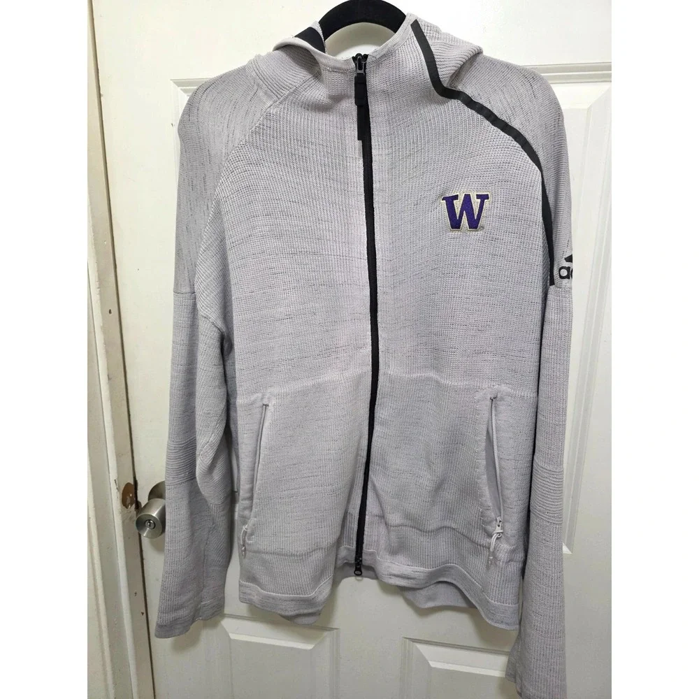 Adidas Washington‎ Huskies Full-Zip Gray Hoodie Sweatshirt Raglan Sleeves Zipper